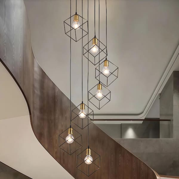 15.74 in. 7-Light Black High Ceilings Long Chandeliers Large Foyer Chandelier for Staircase Foyer Entryway