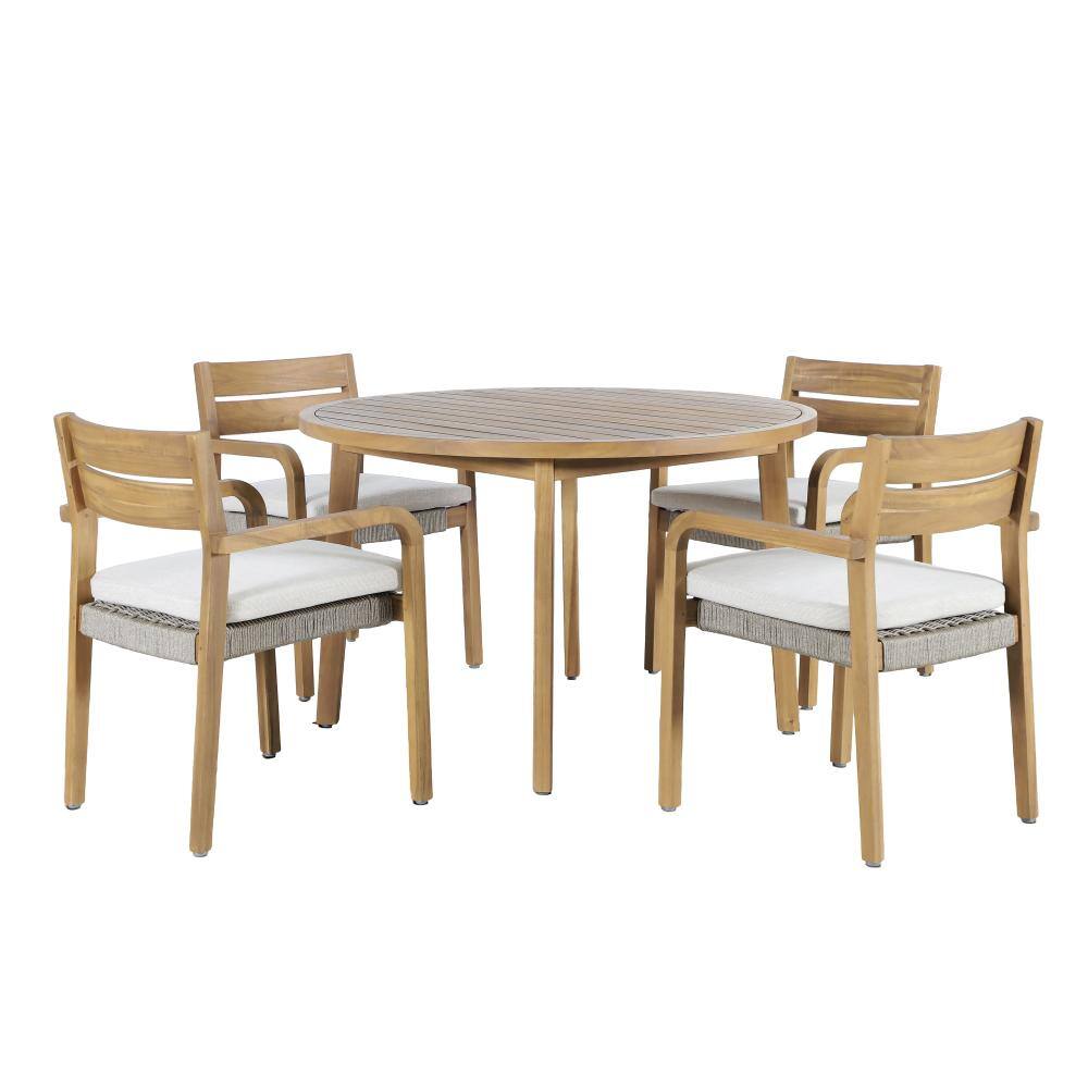 New Classic Furniture Arden Natural 5-Piece Wood and Wicker Outdoor Dining Set with Beige Cushion