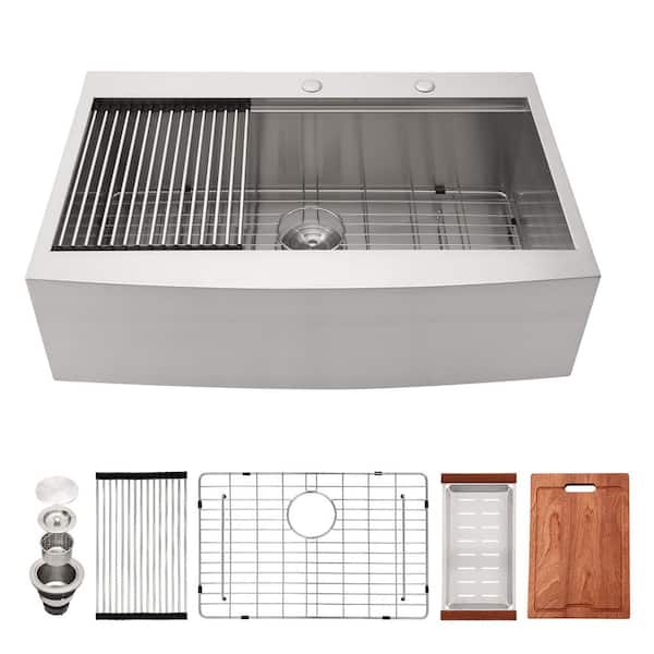 36 in. Farmhouse/Apron Front Topmount/Drop in Single Bowl 16 Gauge Brushed Stainless Steel Workstation Kitchen Sink