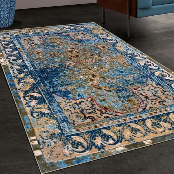 Angeles Beige 6 ft. x 9 ft. Non-Slip Floral Mediterranean Nylon Area Rug