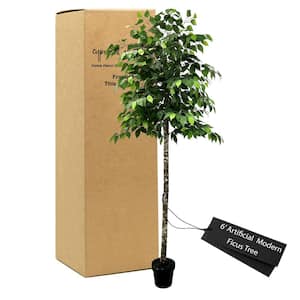 Handmade Modern Style 6 .5 ft. Artificial Ficus Tree in Home Basics Plastic Pot Made with Real Wood and Moss Accents
