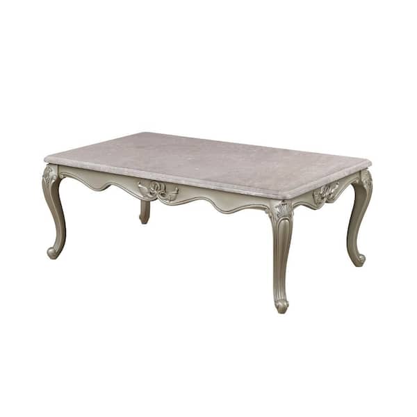 Kerra Cocktail 32 in. Beige and Gold Rectangle Marble Coffee Table with Carved Champagne