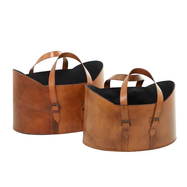 Brown Handmade Box Style Standing Magazine Holder with Detail Stitching and Curved Handles (Set of 2)