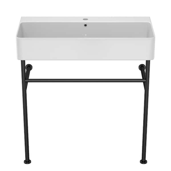 Modern 31.5 in. Ceramic Console Sink with Stainless Steel in Black Legs White Basin