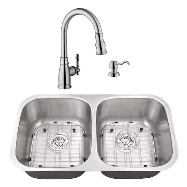 Cahaba Undermount Stainless Steel 29-1/8 in. 50/50 Double Bowl Kitchen Sink with Brushed Nickel Faucet