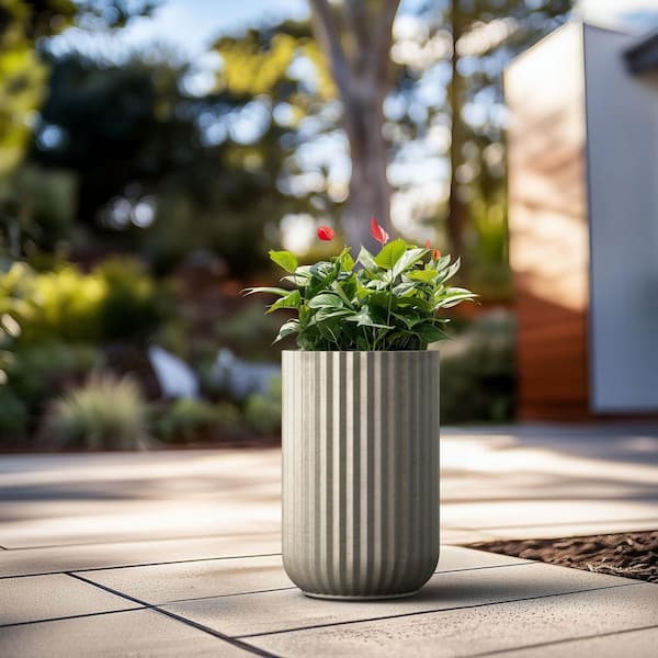 14 in. Large Light Gray Concrete Round Planter/Pot with Drainage Holes and Vertical Ribbed Texture