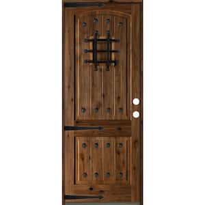 32 in. x 96 in. Mediterranean Knotty Alder Arch Top Provincial Stain Left-Hand Inswing Wood Single Prehung Front Door