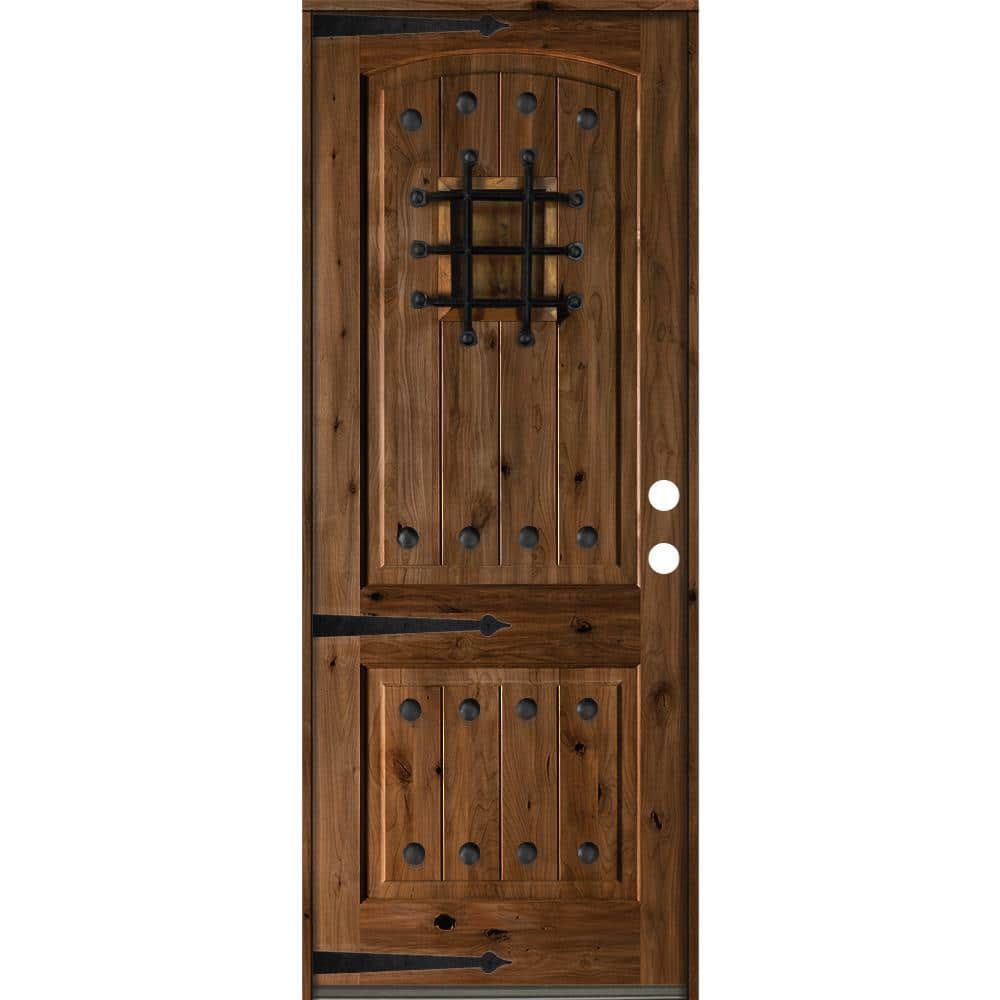 36 in. x 96 in. Mediterranean Knotty Alder Arch Top Provincial Stain Left-Hand Inswing Wood Single Prehung Front Door price history on PriceWatchPro