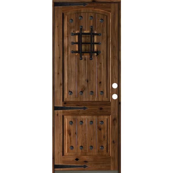 Krosswood Doors 36 in. x 96 in. Mediterranean Knotty Alder Arch Top Provincial Stain Left-Hand Inswing Wood Single Prehung Front Door
