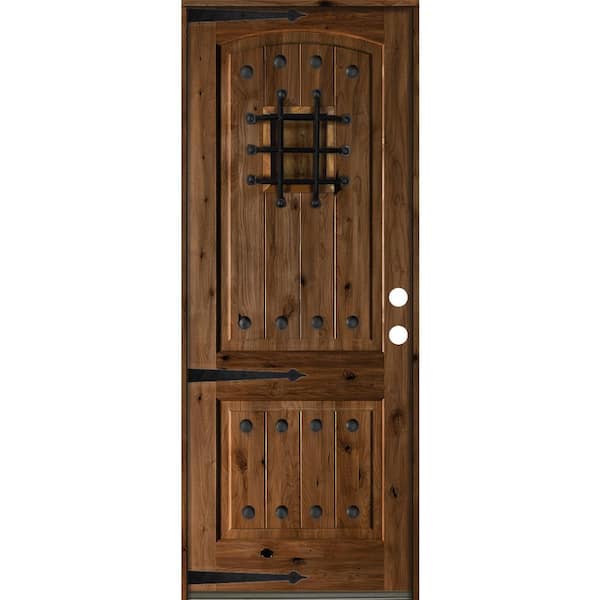 Krosswood Doors 42 in. x 96 in. Mediterranean Knotty Alder Arch Top Provincial Stain Left-Hand Inswing Wood Single Prehung Front Door