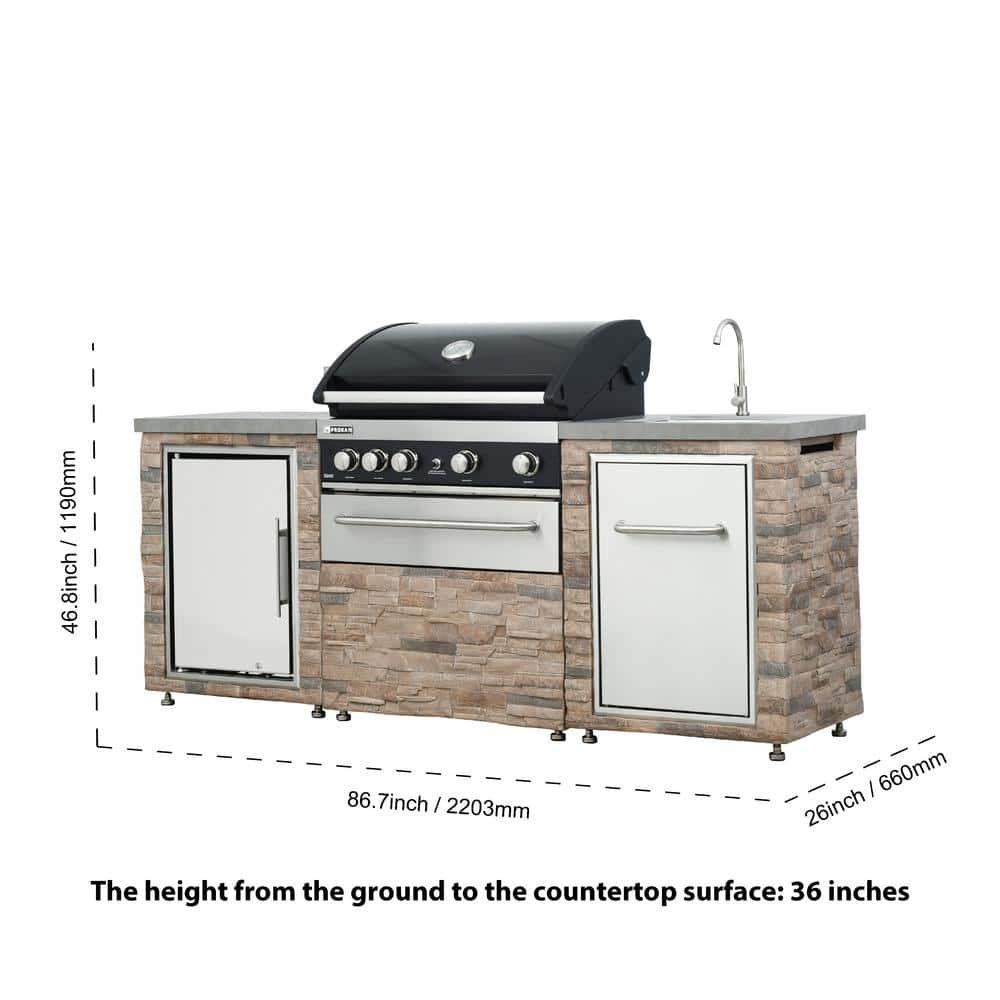 Desert Sunrise 86.7" Brown Propane Grill Island with Sink and Fridge