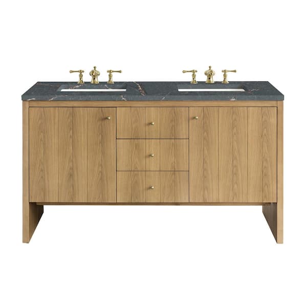 James Martin Vanities Hudson 60.0 in. W x 23.5 in. D x 34.2 in. H Double Bathroom Vanity in Light Natural Oak with Parisien Bleu Quartz Top