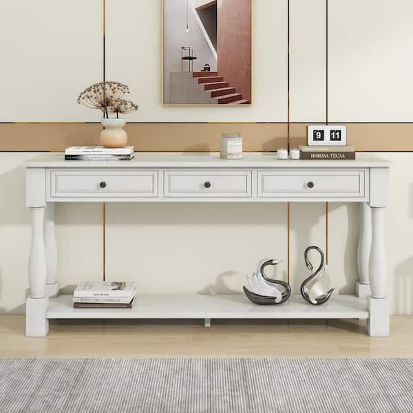 Nestfair 63 in. Antique White Rectangle Wood Long Console Table