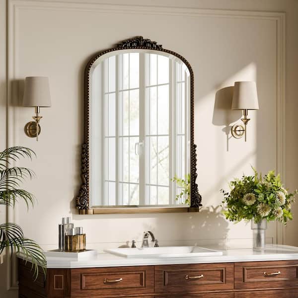 Antique Bronze 23.8 in. W x 31.8 in. H Arched Modern Polyurethane Framed with Decoration Vanity Mirror Wall Mirror