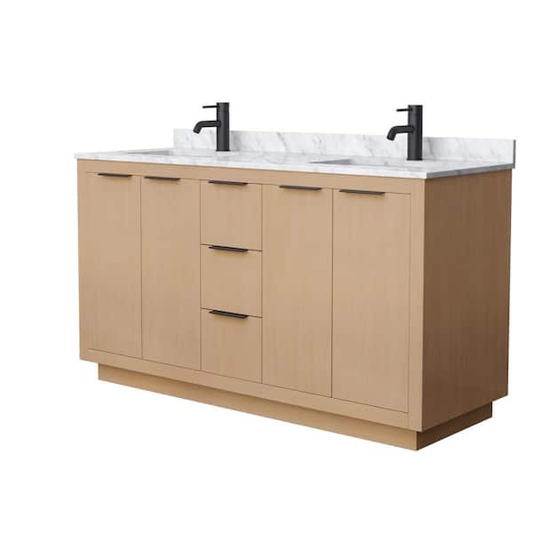 Wyndham Collection Maroni 60 in. W x 22 in. D x 33.75 in. H Double Sink Bath Vanity in Light Straw with White Carrara Marble Top