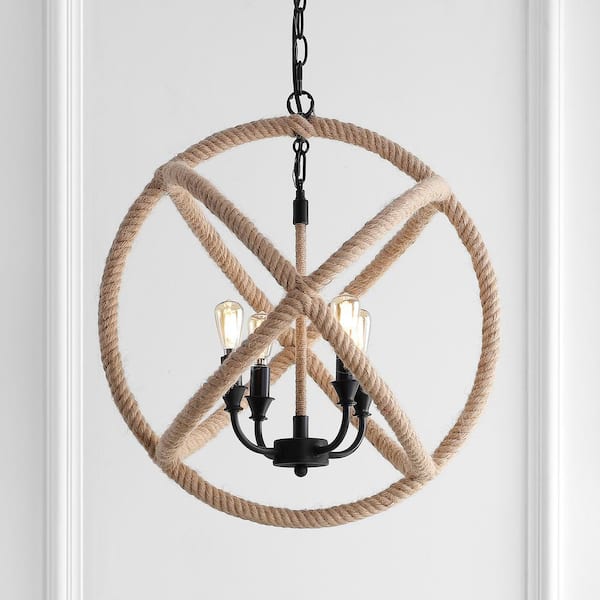 JONATHAN Y Soka 4-Light 20 in. Black/Brown Adjustable Globe Metal/Rope LED Pendant