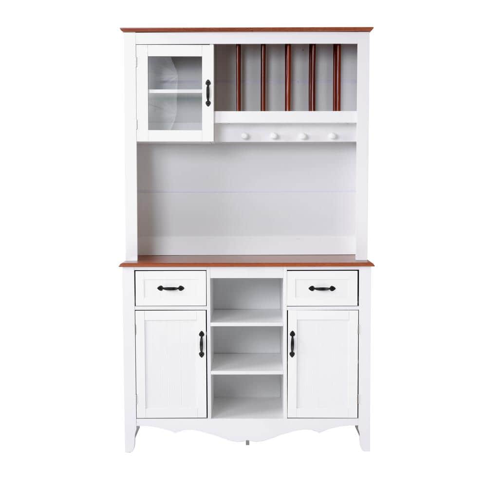 White and Pine Multi-Functional China Cabinet with Glass Doors