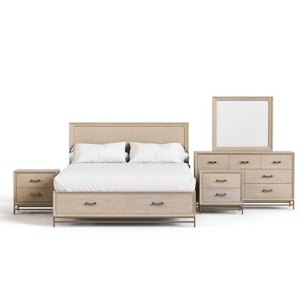 Lena 5-Piece Oak Wood Queen Bedroom Set With 2 Felt Lined Foot Drawers