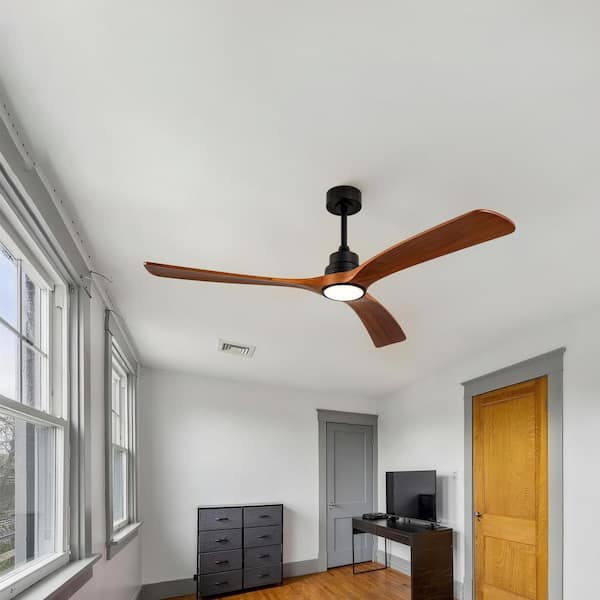 60 in. Black 3 Wood Blades Downrod Standard Ceiling Fan with LED Light and Remote Included