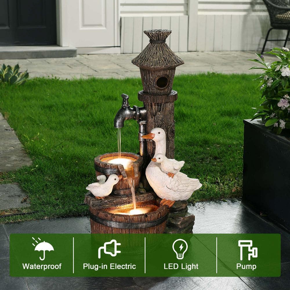 Rustic Farmhouse Ducks and Birdhouse Resin Outdoor Water Fountain with Lights