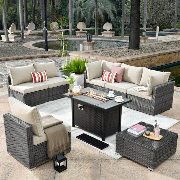 HOOOWOOO Messi Gray 8-Piece Wicker Outdoor Patio Conversation Sectional Sofa Set with a Metal Fire Pit and Beige Cushions