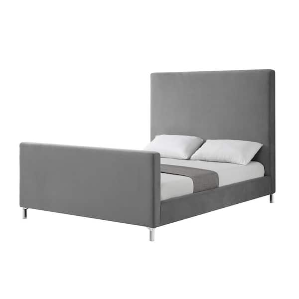 Stefania Grey Queen Size Platform Bed Upholstered Velvet