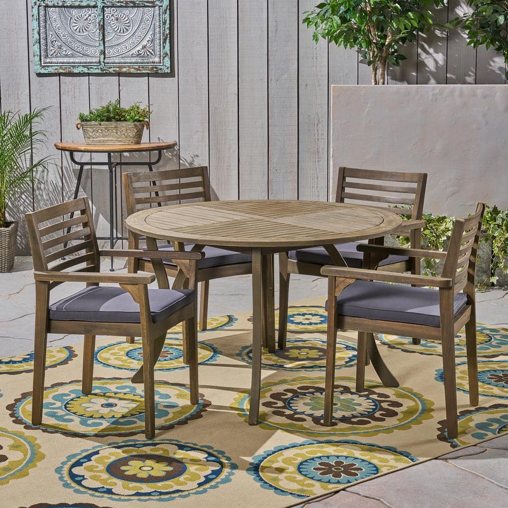 Casa Acacia Grey 5-Piece Acacia Wood Round Table with Carved Legs Patio Outdoor Dining Set with Dark Grey Cushions -  Noble House, 55212