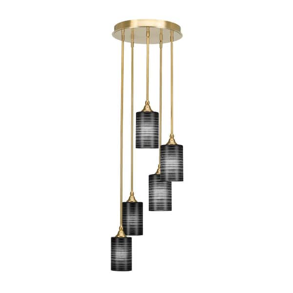 Unbranded Villa 5 Light New Age Brass Pendant, Cluster Pendant Light with 4 in. Black Matrix Glass Shades, No Bulbs Included