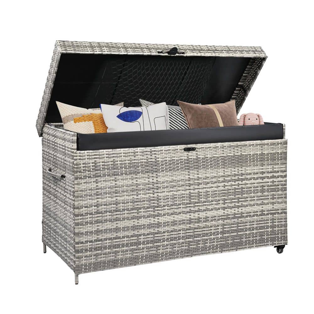 200 Gal. 58.7 in. Grey Rattan Wicker Outdoor Deck Box with Wheels, Patio St