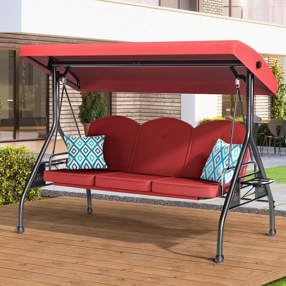 3-Person 2 in 1 Metal Patio Swing Convertible Swing Bed with Adjustable Canopy, Removable Wine Red Cushion for Yard price history on PriceWatchPro