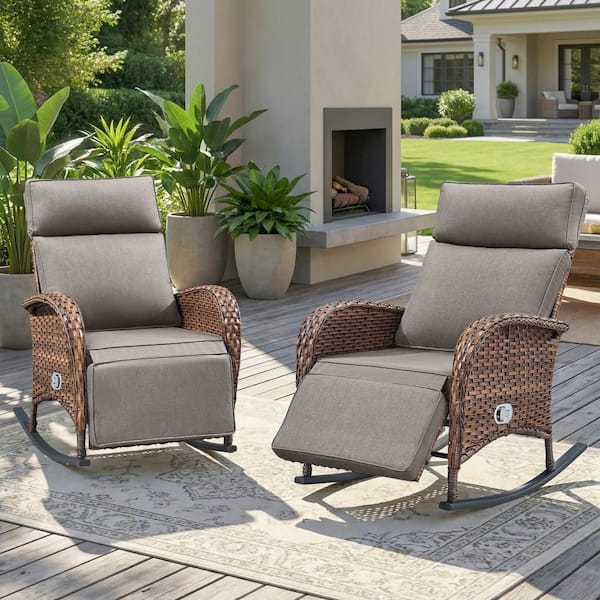 SleekArm Brown 2-Piece Wicker Outdoor Recliner with Olefin Gray Cushions and Adjustable Backrest Patio Rockers
