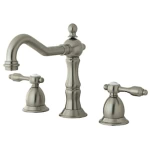 Tudor 8 in. Widespread 2-Handle Bathroom Faucets with Brass Pop-Up in Brushed Nickel