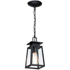 1-Light Matte Black Outdoor Lantern Pendant Hardwired with Beveled Clear Glass