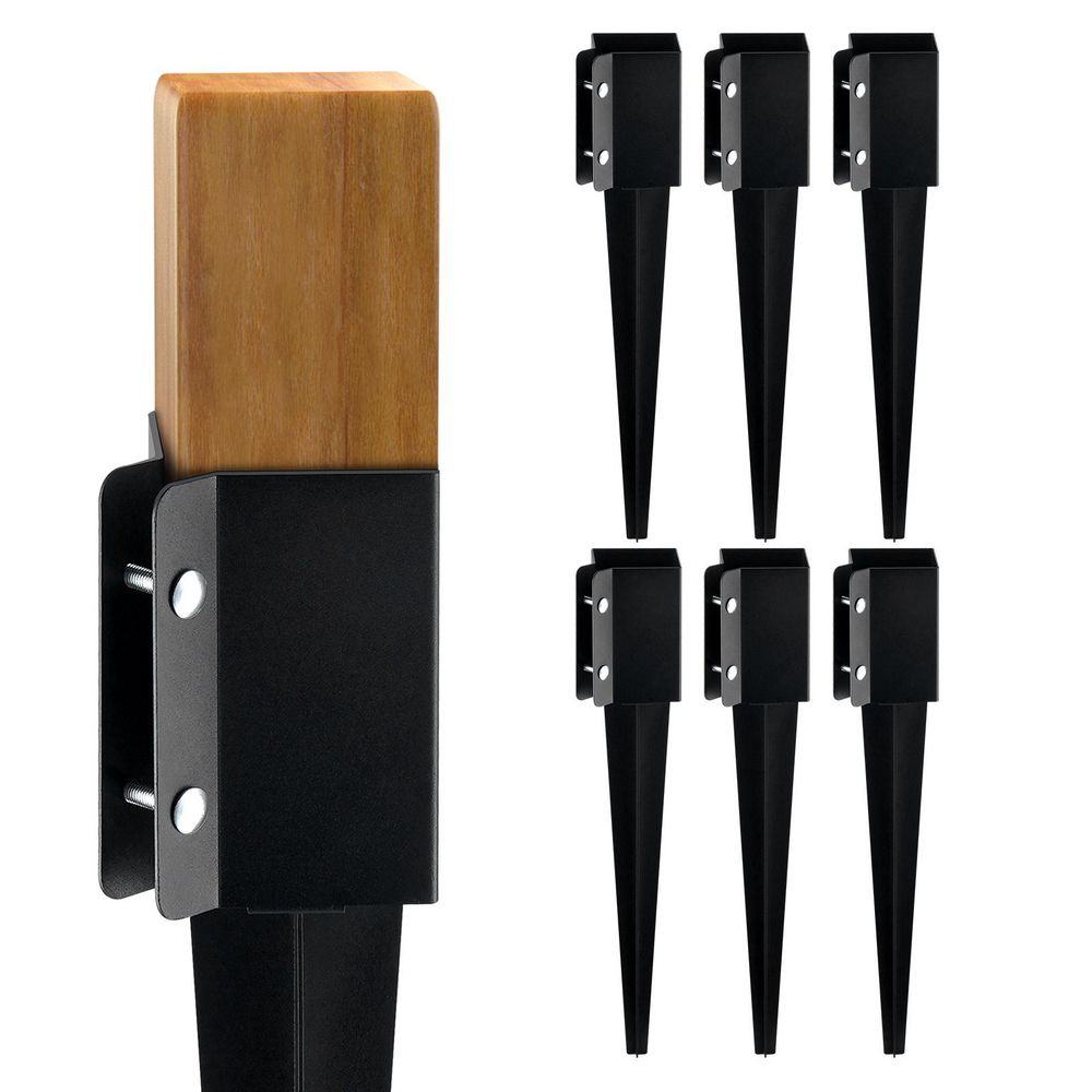 Fence Post Anchor Ground Spike, 6 Pack, 24 x 4 x 4 in. Metal Black Powder-Coated Post Stake for Mailbox, Garden Railing