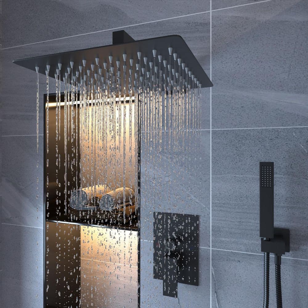 Matte Black 12-Inch Stainless Steel Rain Shower System with Handheld
