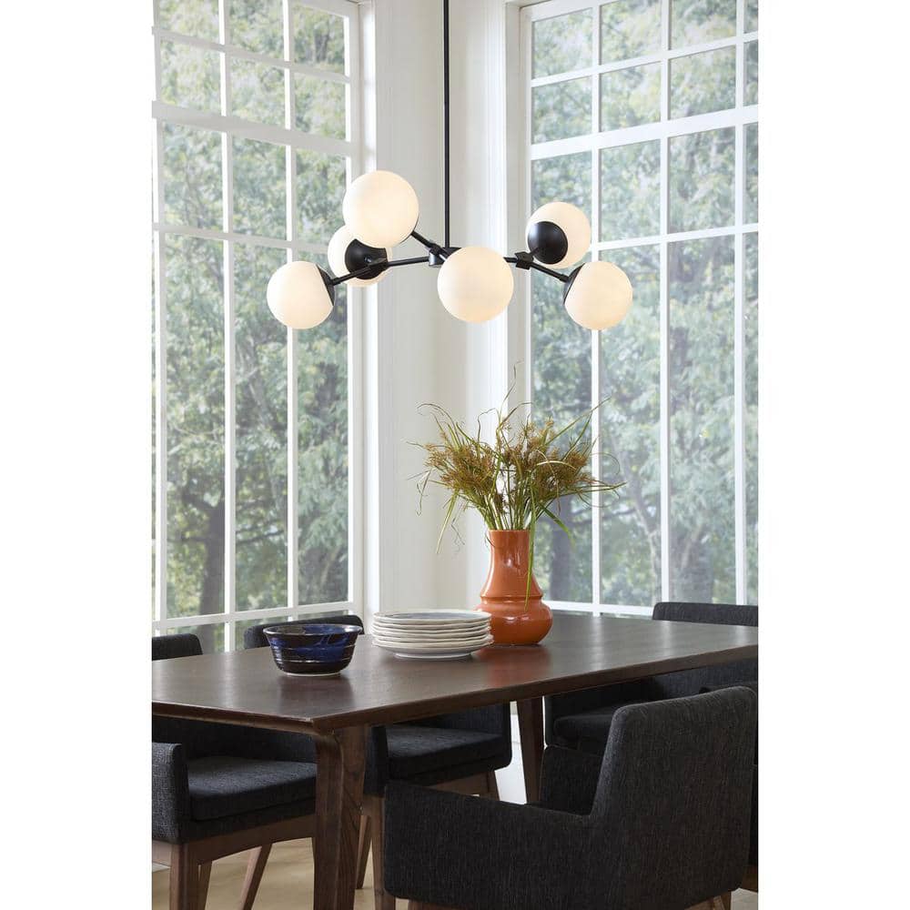 Haas 6-Light Matte Black Mid-Century Modern Chandelier with Etched Opal Glass