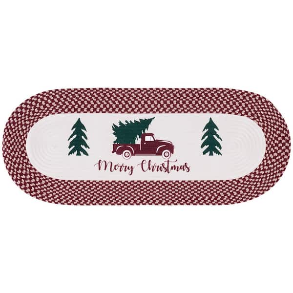 Braided Posters Ivory/Burgundy Red 2 ft. x 4 ft. Machine Washable Merry Christmas Trees Oval Runner Rug