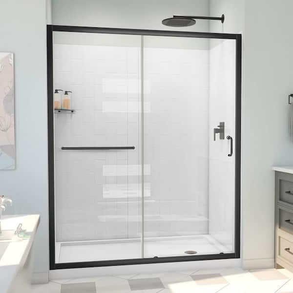 DreamLine 60 in. W x 78-3/4 in. H Sliding Semi-Frameless Shower Door Base and White Wall Kit in Matte Black and Clear Glass