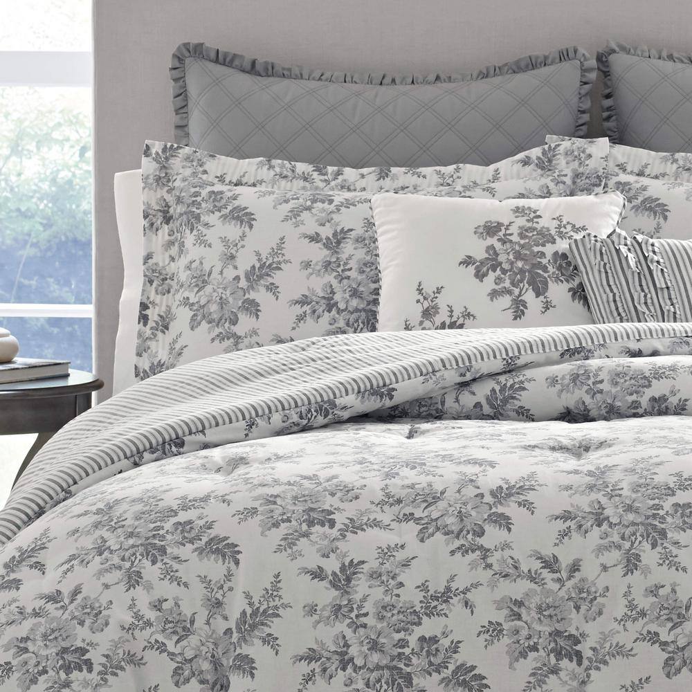 King Gray Floral Cotton 7-Piece Ruffled Bedspread Cover Set
