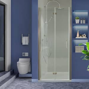 34-35.5 in. W x 72 in. H Frameless Bifold Shower Door with 1/4 in. Thick Clear Glass in a Brushed Nickel Finish.