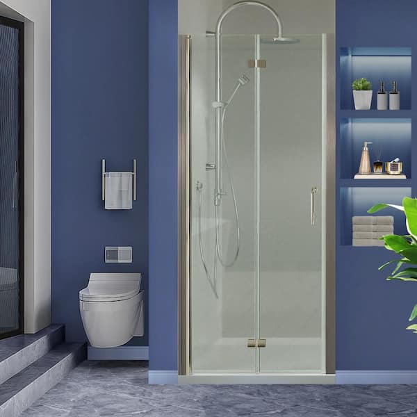 Lonni 34-35.5 in. W x 72 in. H Frameless Bifold Shower Door with 1/4 in. Thick Clear Glass in a Brushed Nickel Finish.