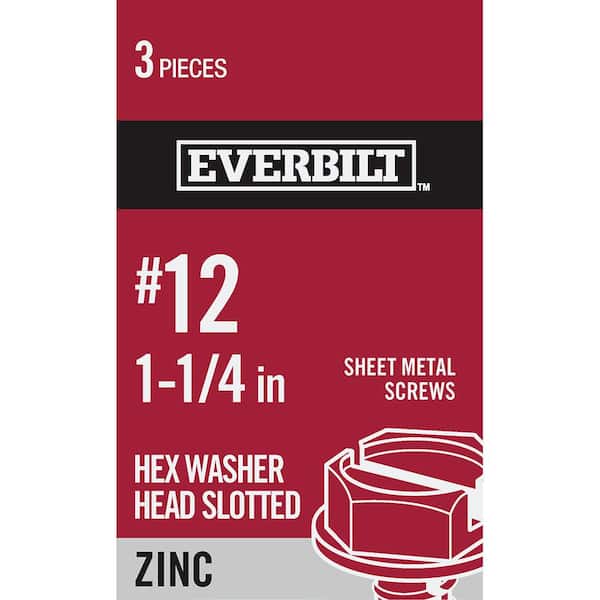 Everbilt #12 x 1-1/4 in. Slotted Hex Head Zinc Plated Sheet Metal Screw (3-Pack)
