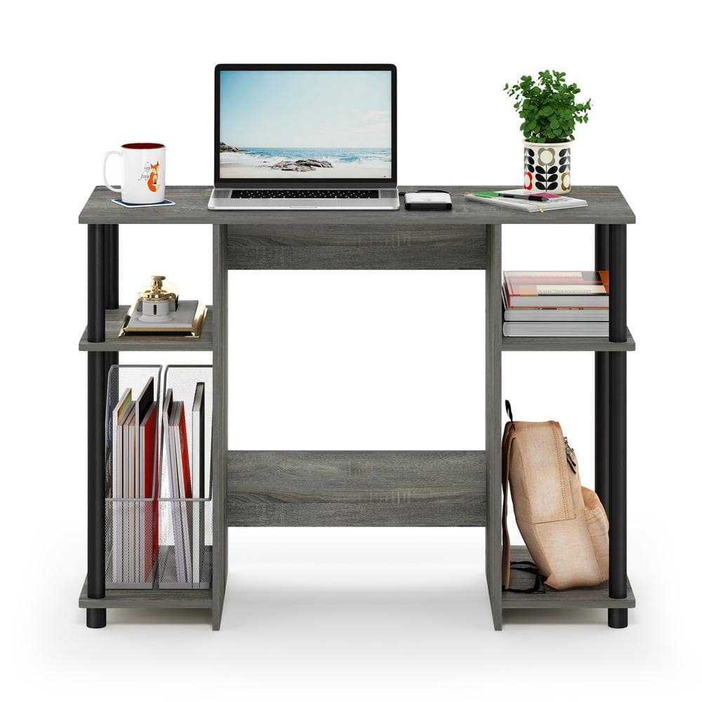 Compact French Oak Gray and Black Computer Desk with Shelves