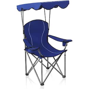 Blue Steel Folding Beach Chair with Shade Canopy Camping Recliner Support with 350 lbs. Capacity