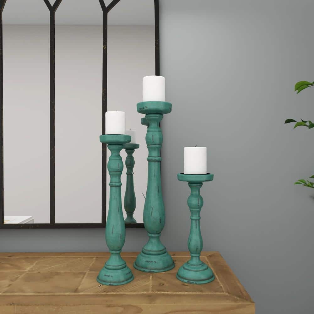 Teal Wood Fluted Pillar Candle Holders Set of 3