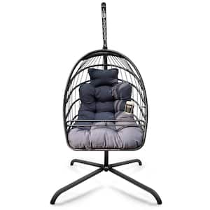 Black Metal Patio Swing with Gray Cushion, Pillow, Special Construction Cup Holder, Stand