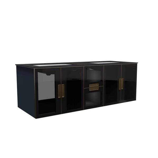 castellousa Solaria 60 in. W x 22 in. D x 20.9 in. H Single Floating Bath Vanity Blue in Gold Trim with Black Porcelain Top