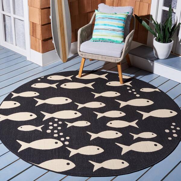 Courtyard Black/Beige 5 ft. x 5 ft. Novelty Fish Indoor/Outdoor Patio  Round Area Rug