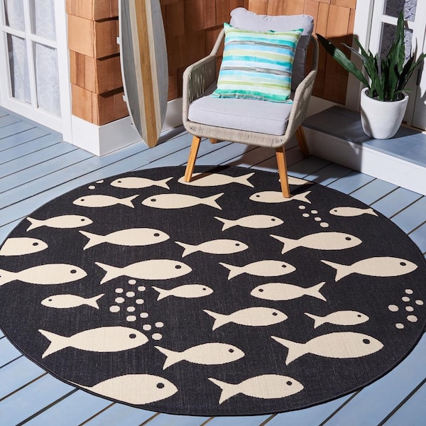 Courtyard Black/Beige 8 ft. x 8 ft. Novelty Fish Indoor/Outdoor Patio  Round Area Rug