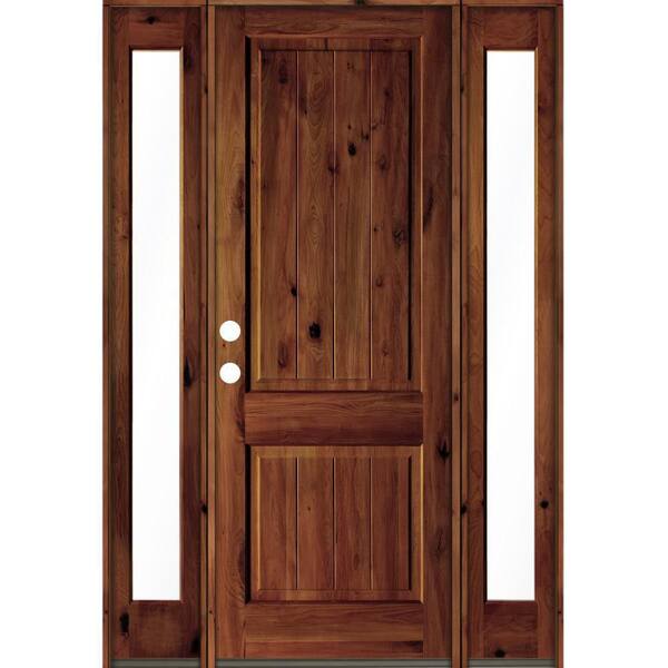 Krosswood Doors 64 in. x 96 in. Rustic Alder Square Red Chestnut Stained Wood V-Groove Right Hand Single Prehung Front Door
